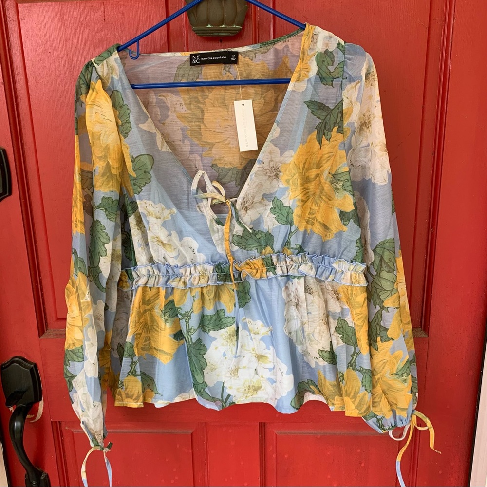 🎊 NEW YORK & COMPANY Floral Tie Sleeve Organza Baby Doll Blouse - Picture 4 of 6